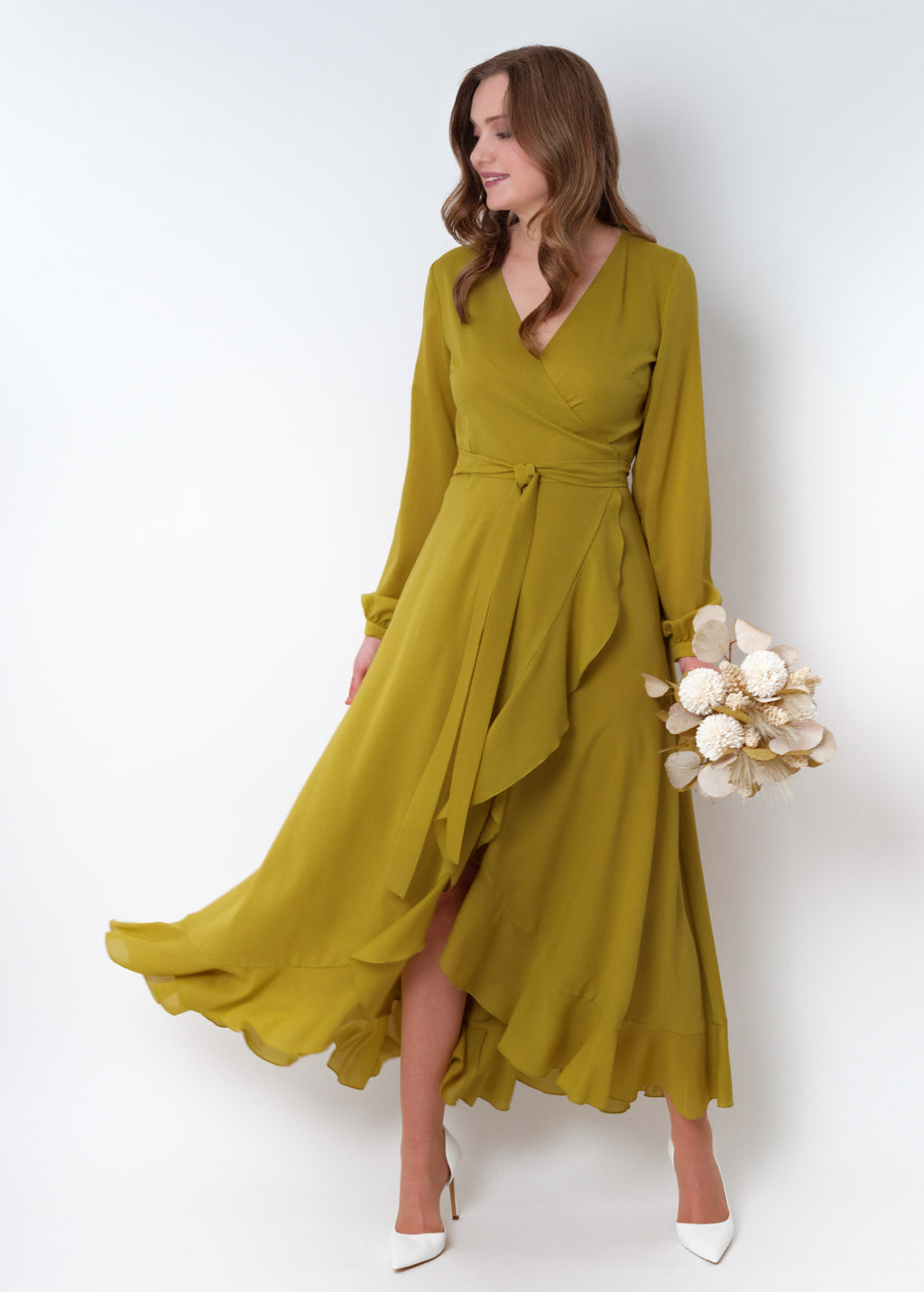 Yellow olive chiffon wrap dress