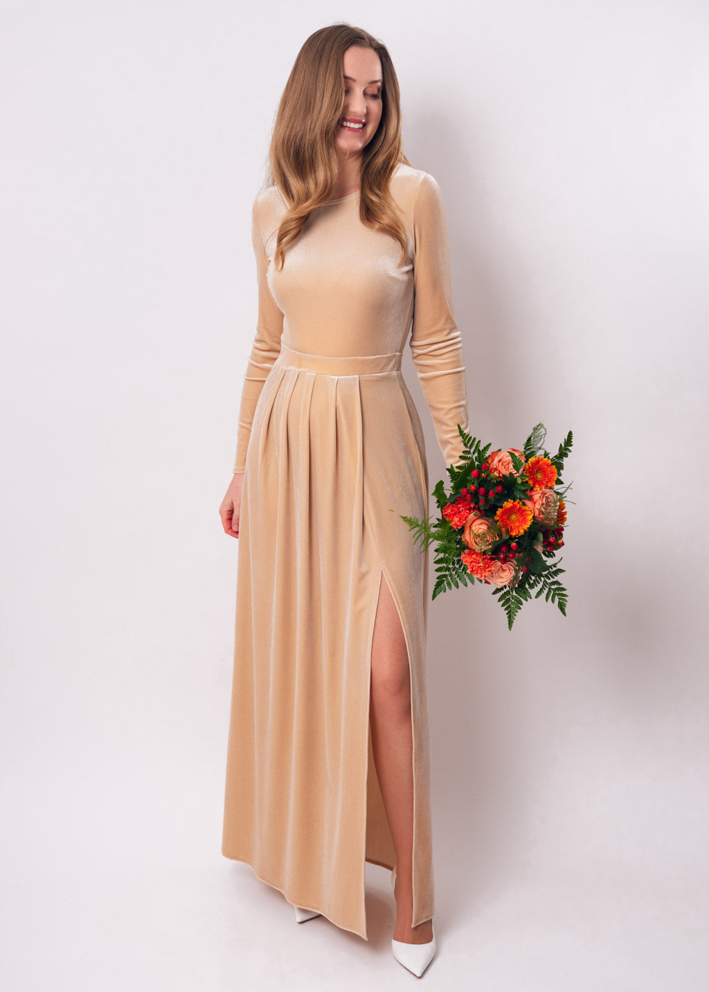 Champagne beige velvet slit dress