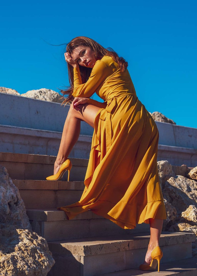 Honey yellow long wrap dress