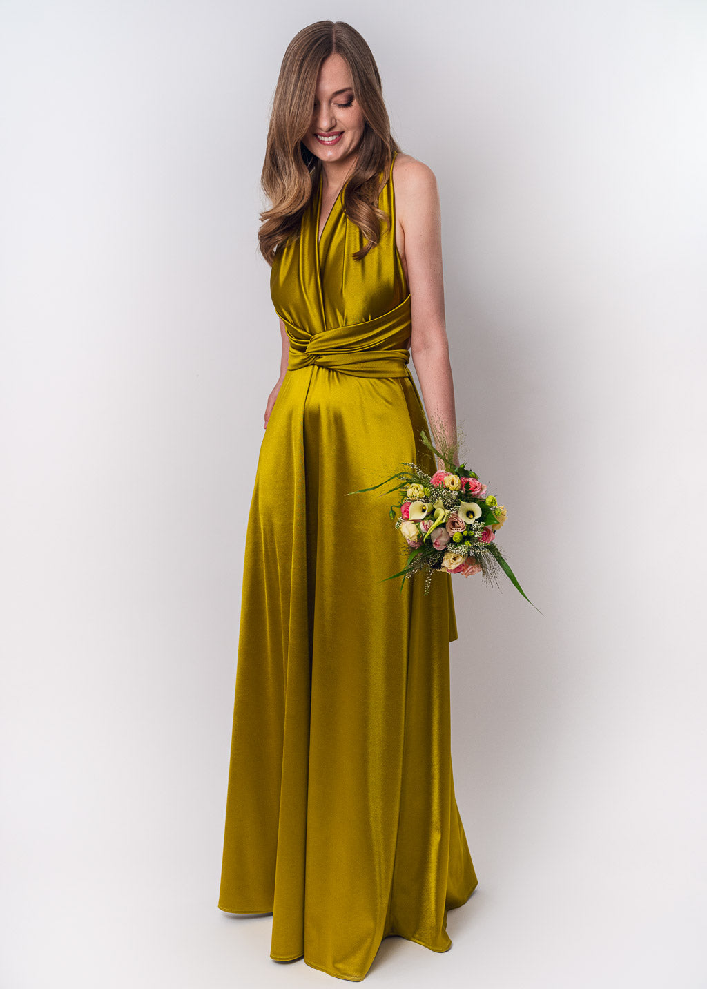 Olive green luxury satin infinity dress or jumpsuit