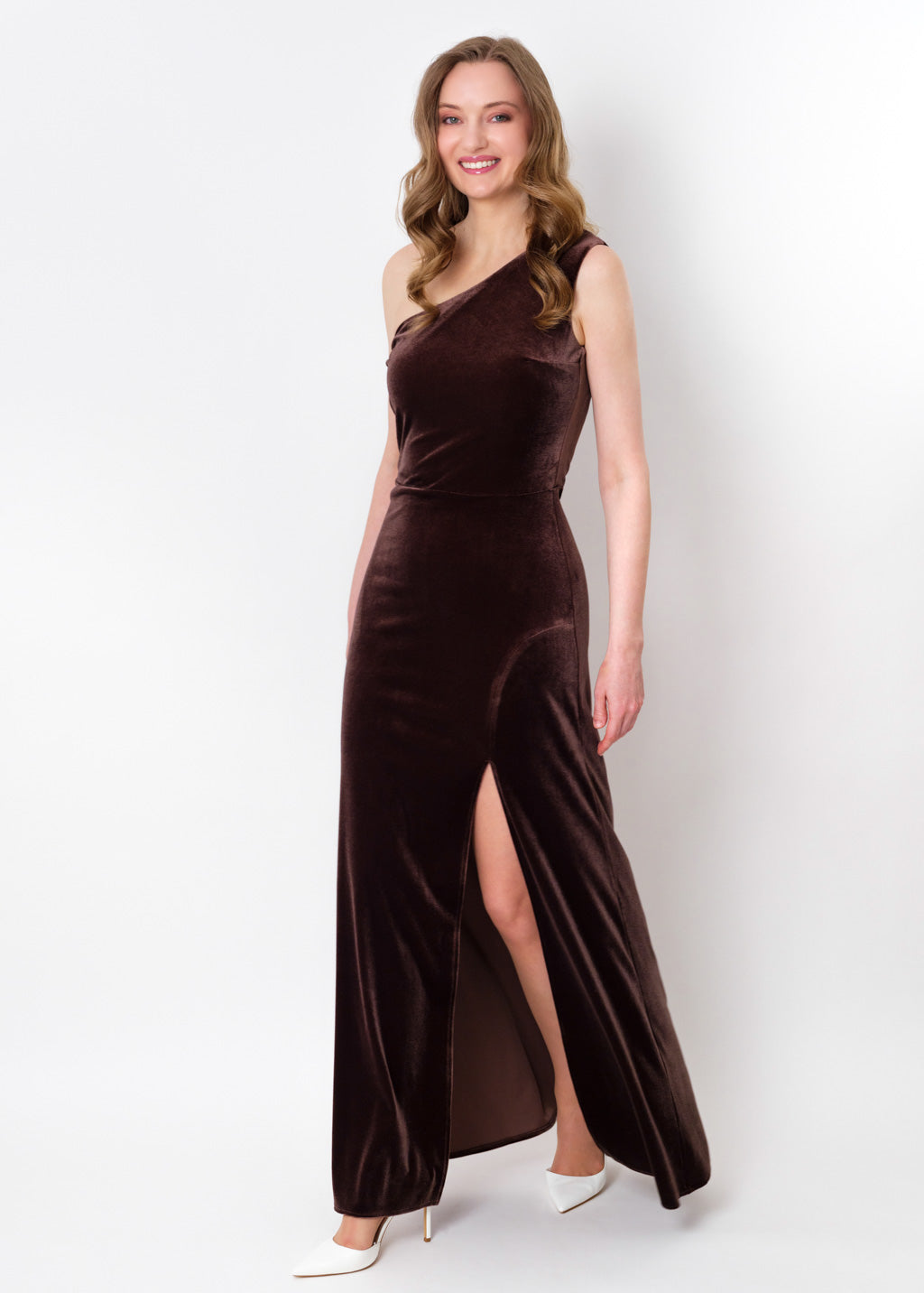 Chocolate brown velvet one shoulder slit dress
