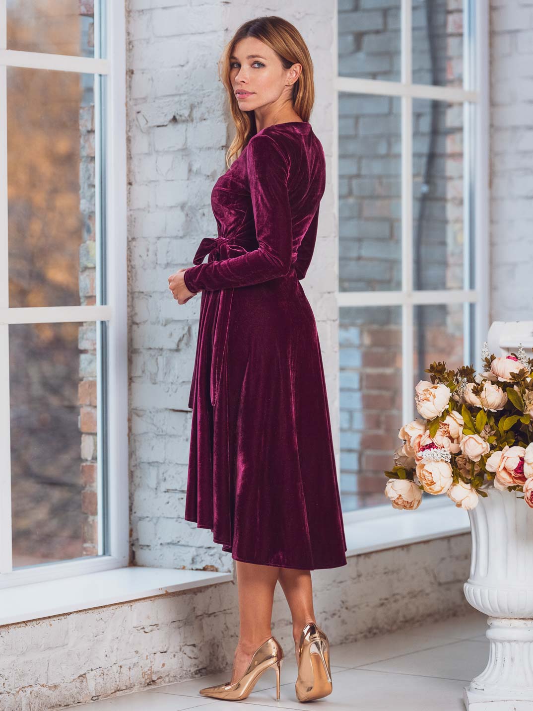 Plum burgundy wrap velvet dress