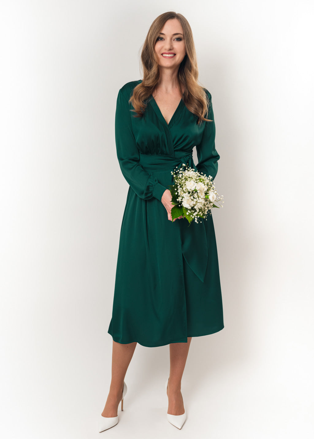 Dark green wrap silk dress