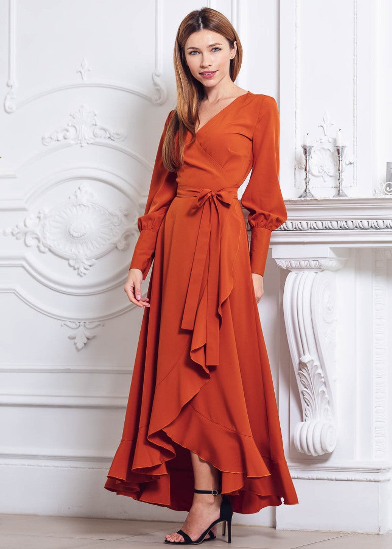 Rust orange long wrap dress