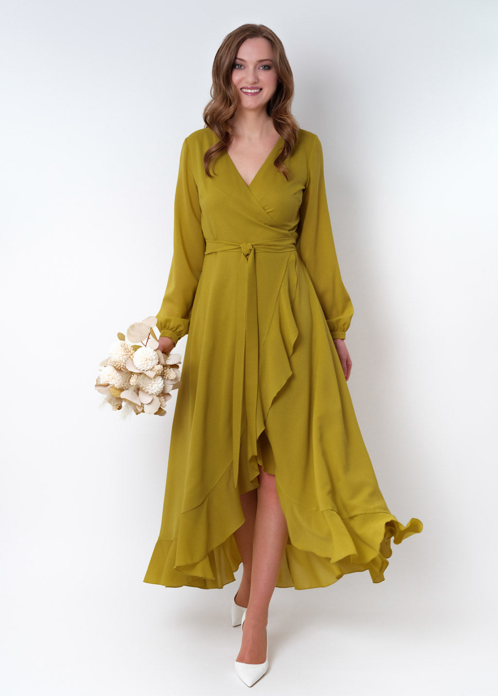 Yellow olive chiffon wrap dress