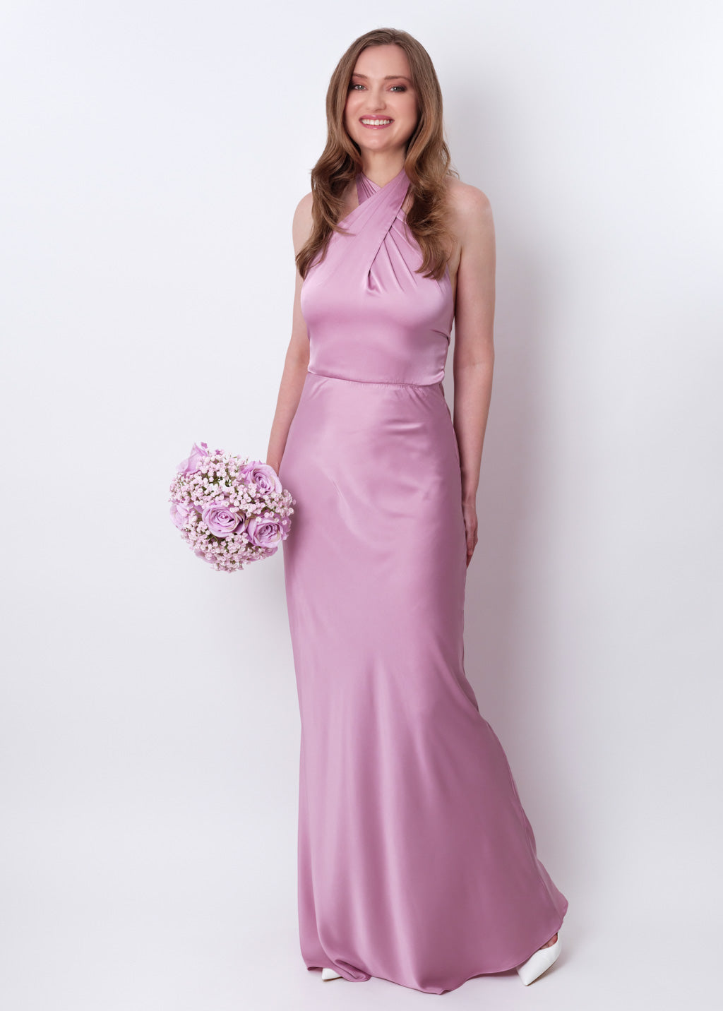 Rose pink silk long halter dress