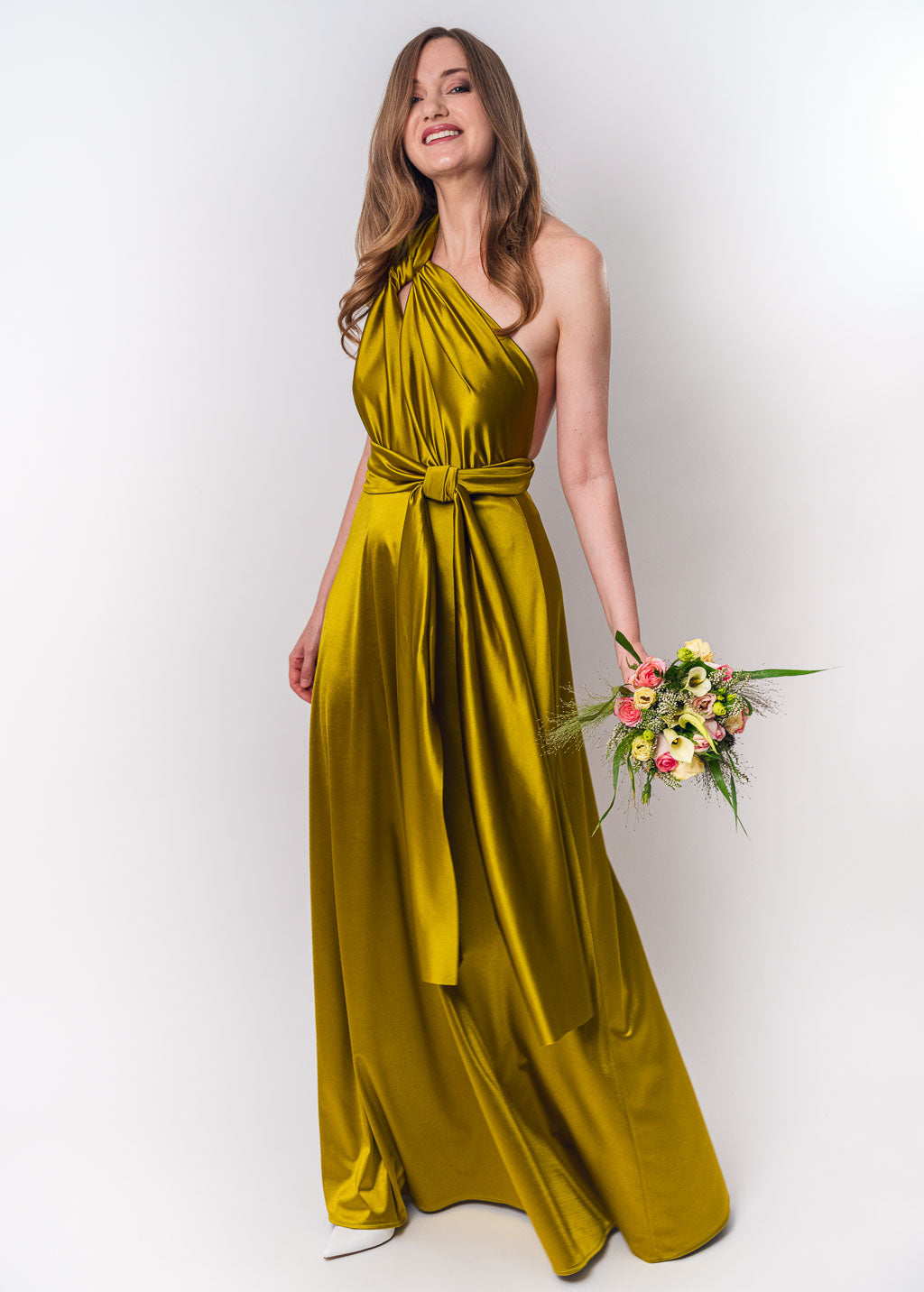 Olive green luxury satin infinity dress or jumpsuit