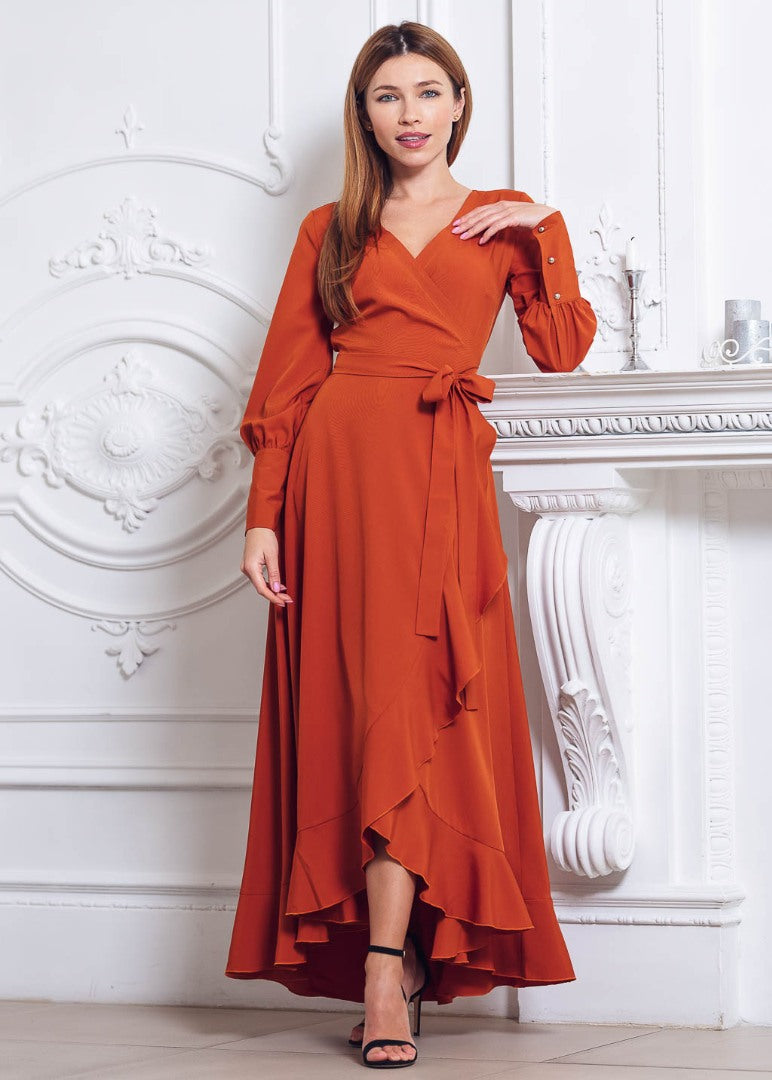 Rust orange long wrap dress