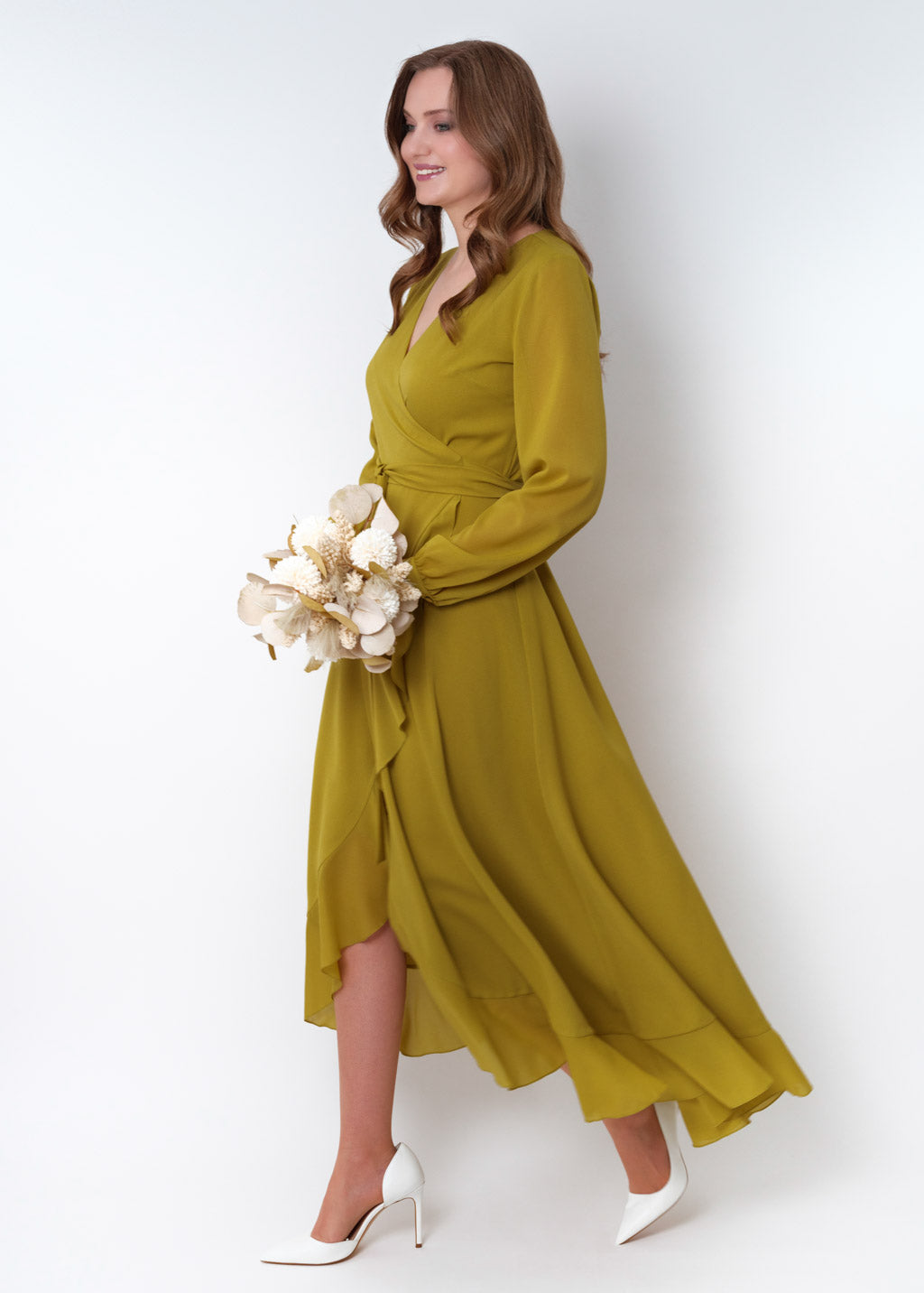 Yellow olive chiffon wrap dress