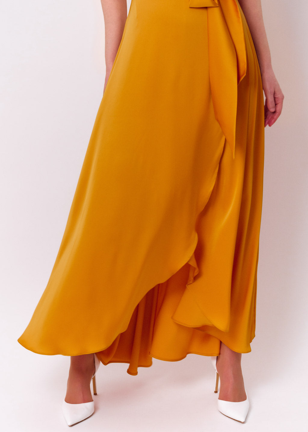 Gold silk long wrap dress