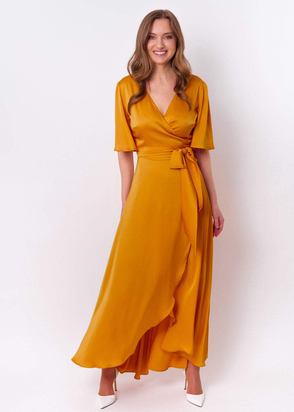 Gold silk long wrap dress
