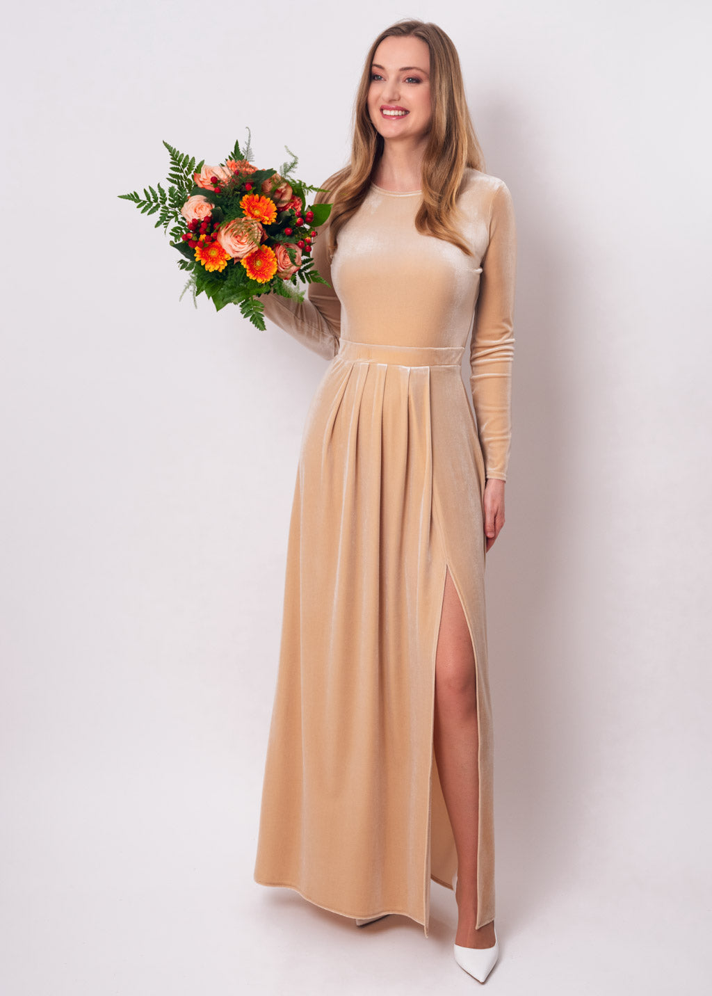 Champagne beige velvet slit dress