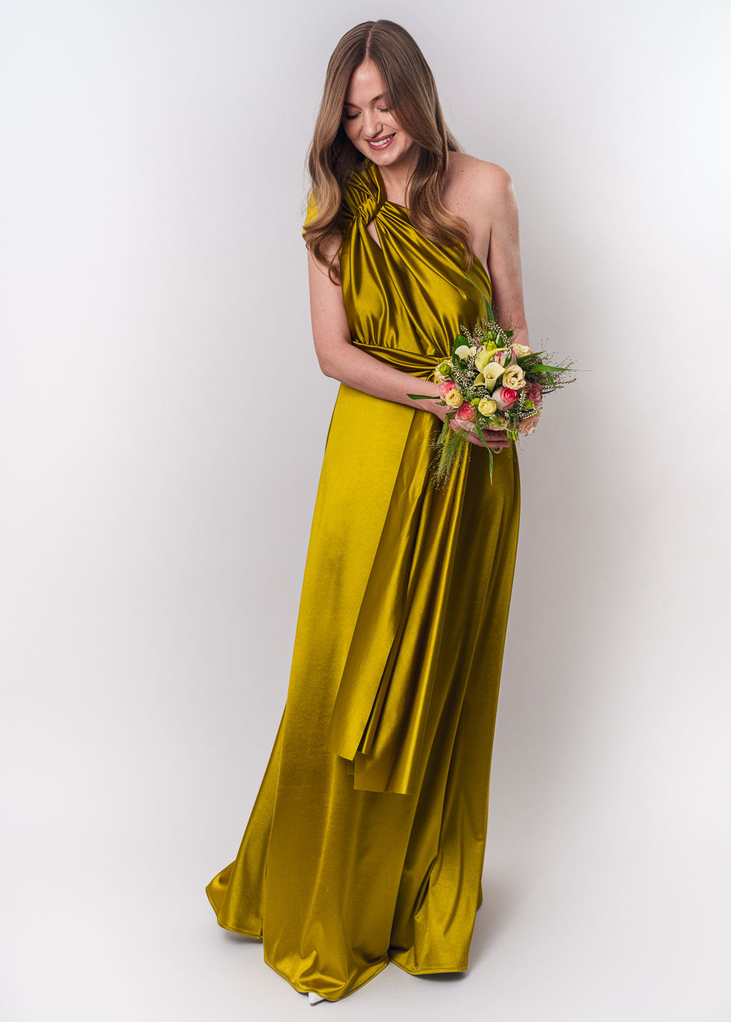 Olive green luxury satin infinity dress or jumpsuit