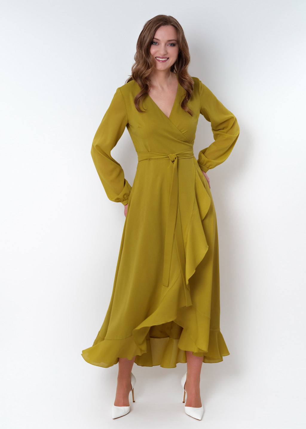 Yellow olive chiffon wrap dress