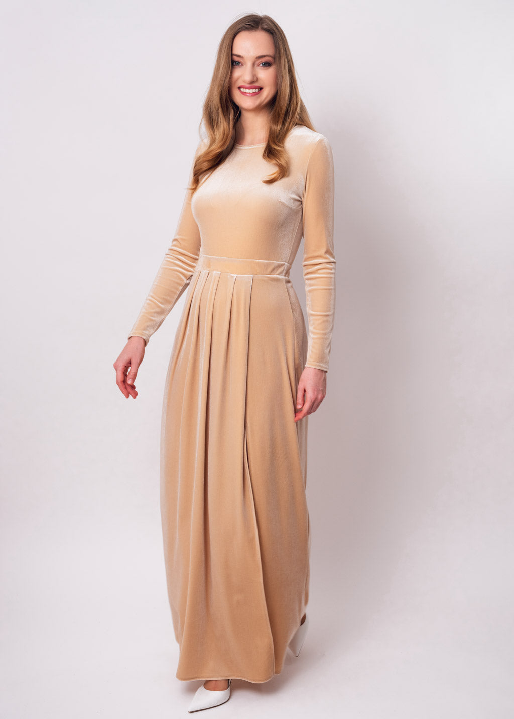 Champagne beige velvet slit dress