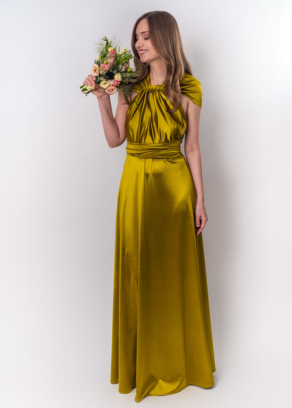 Olive green luxury satin infinity dress or jumpsuit