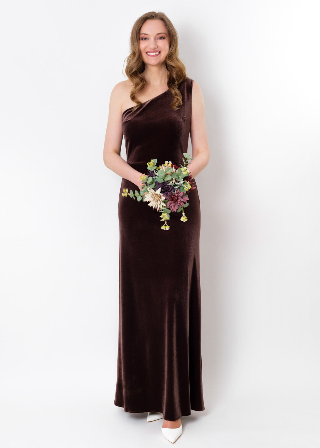 Chocolate brown velvet one shoulder dress