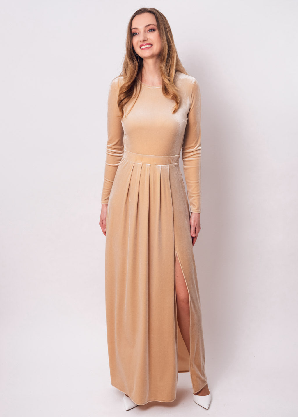 Champagne beige velvet slit dress