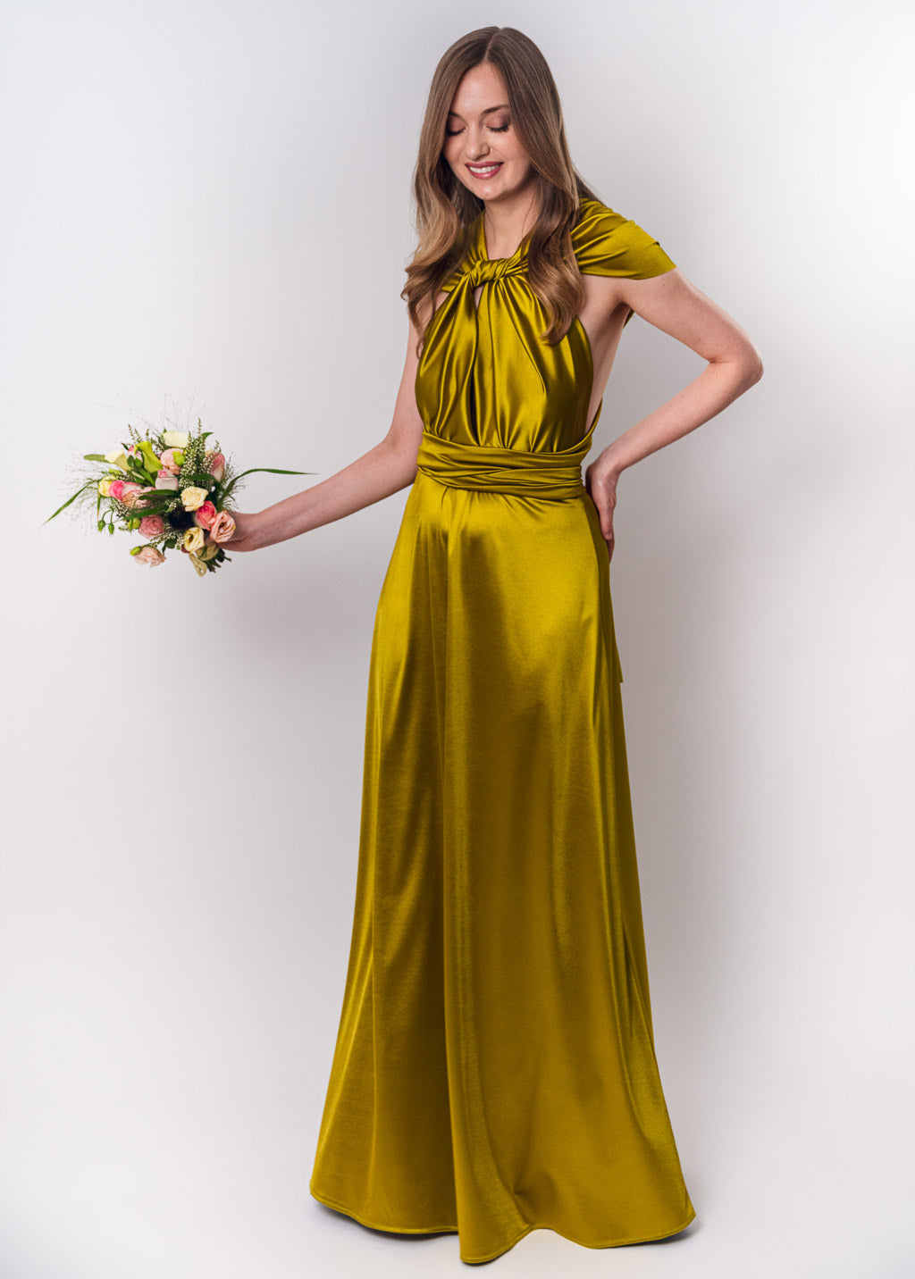 Olive green luxury satin infinity dress or jumpsuit