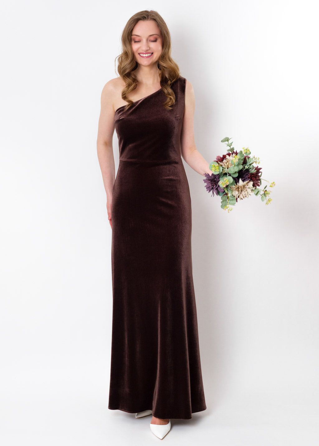Chocolate brown velvet one shoulder dress