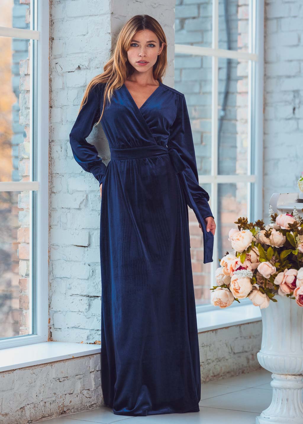 Navy blue long wrap velvet robe