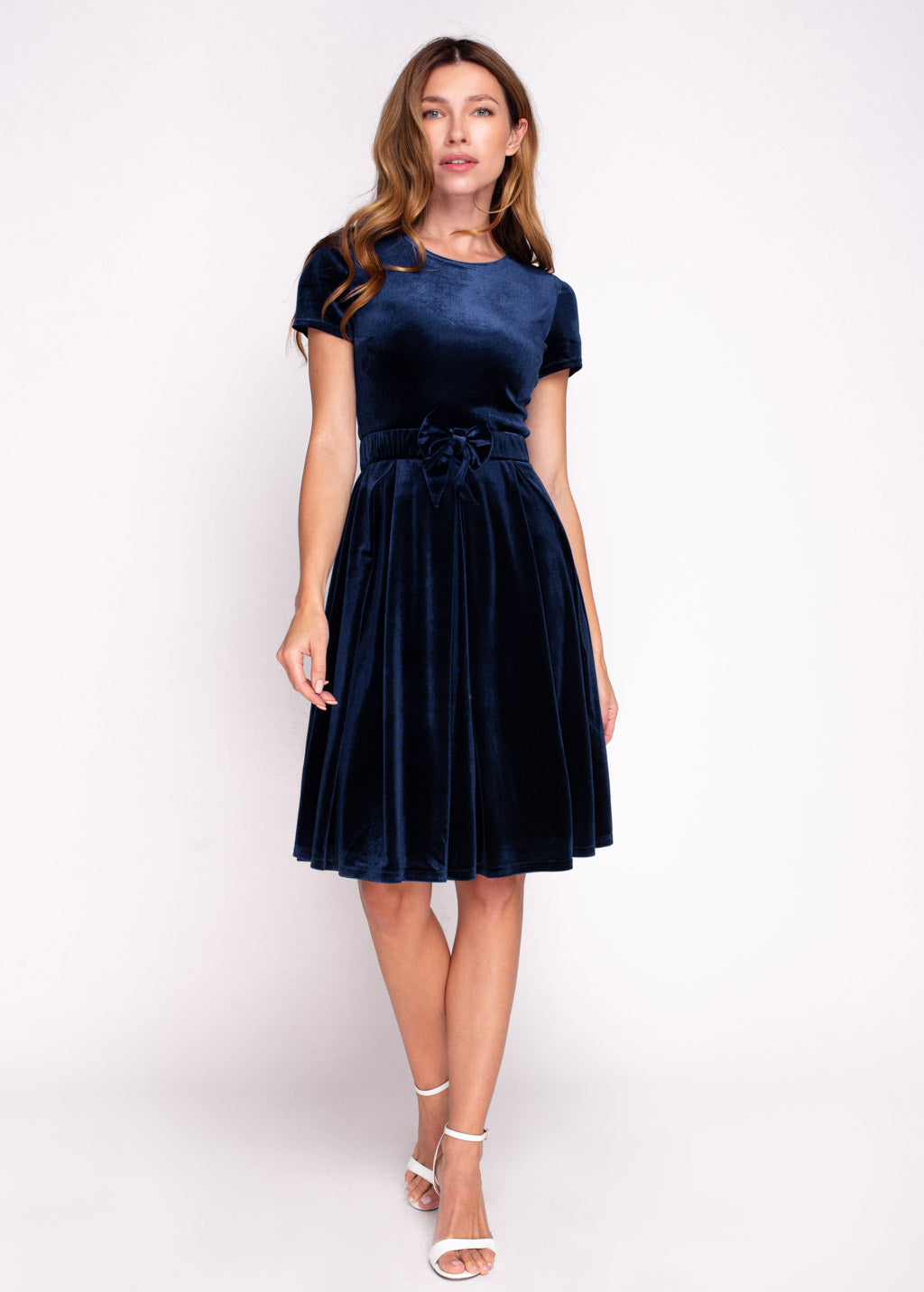 Navy blue velvet dress with belt