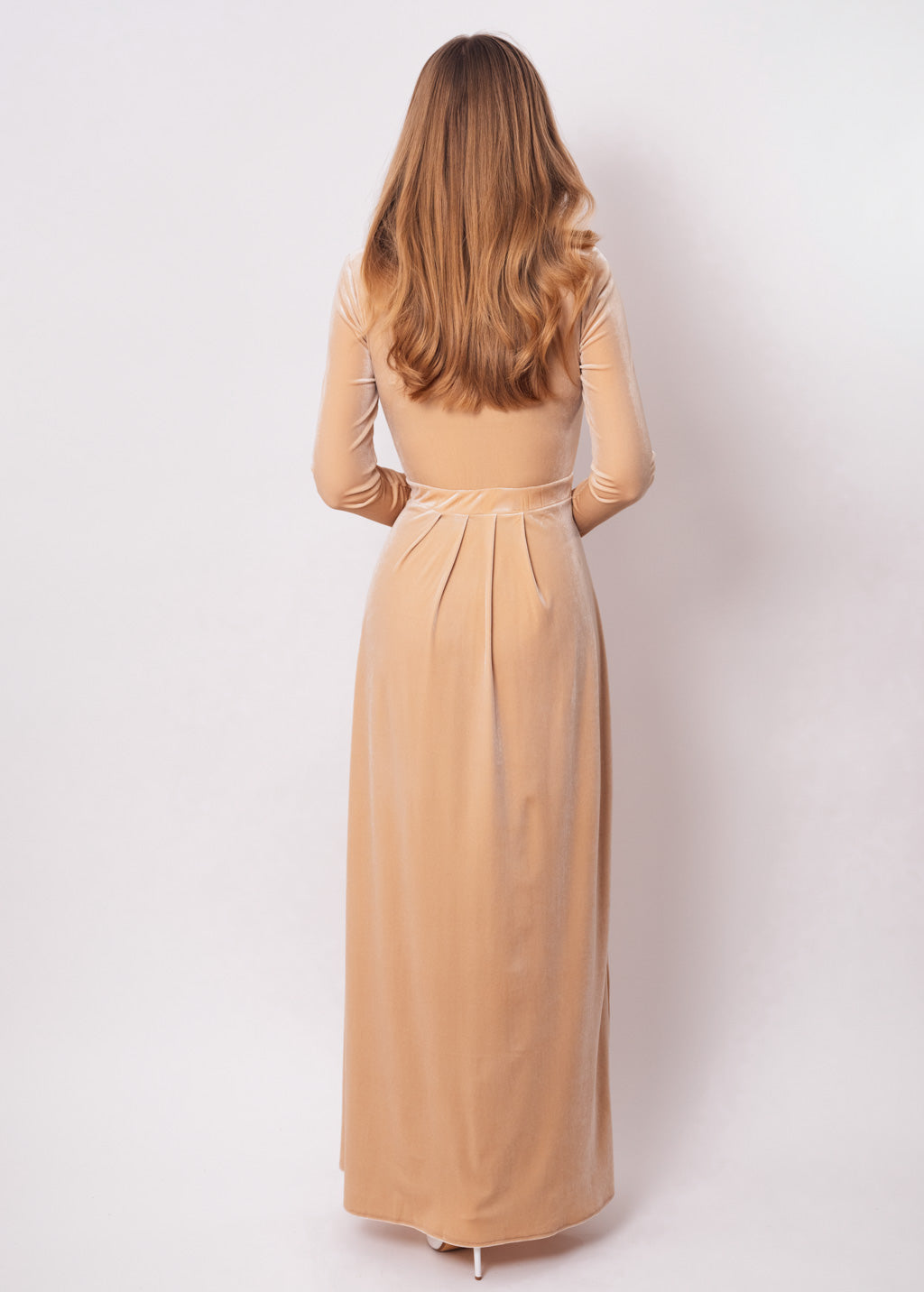 Champagne beige velvet slit dress
