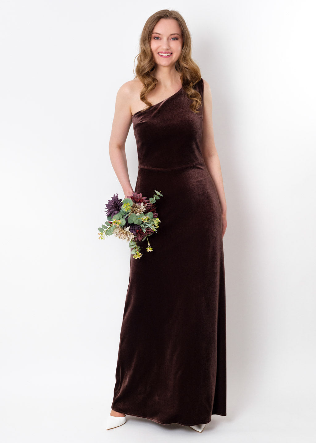 Chocolate brown velvet one shoulder dress