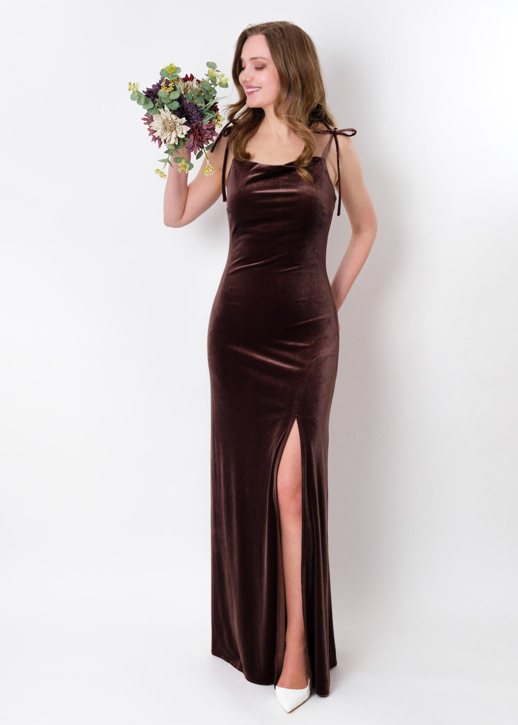 Chocolate brown slip slit velvet bodycon long dress