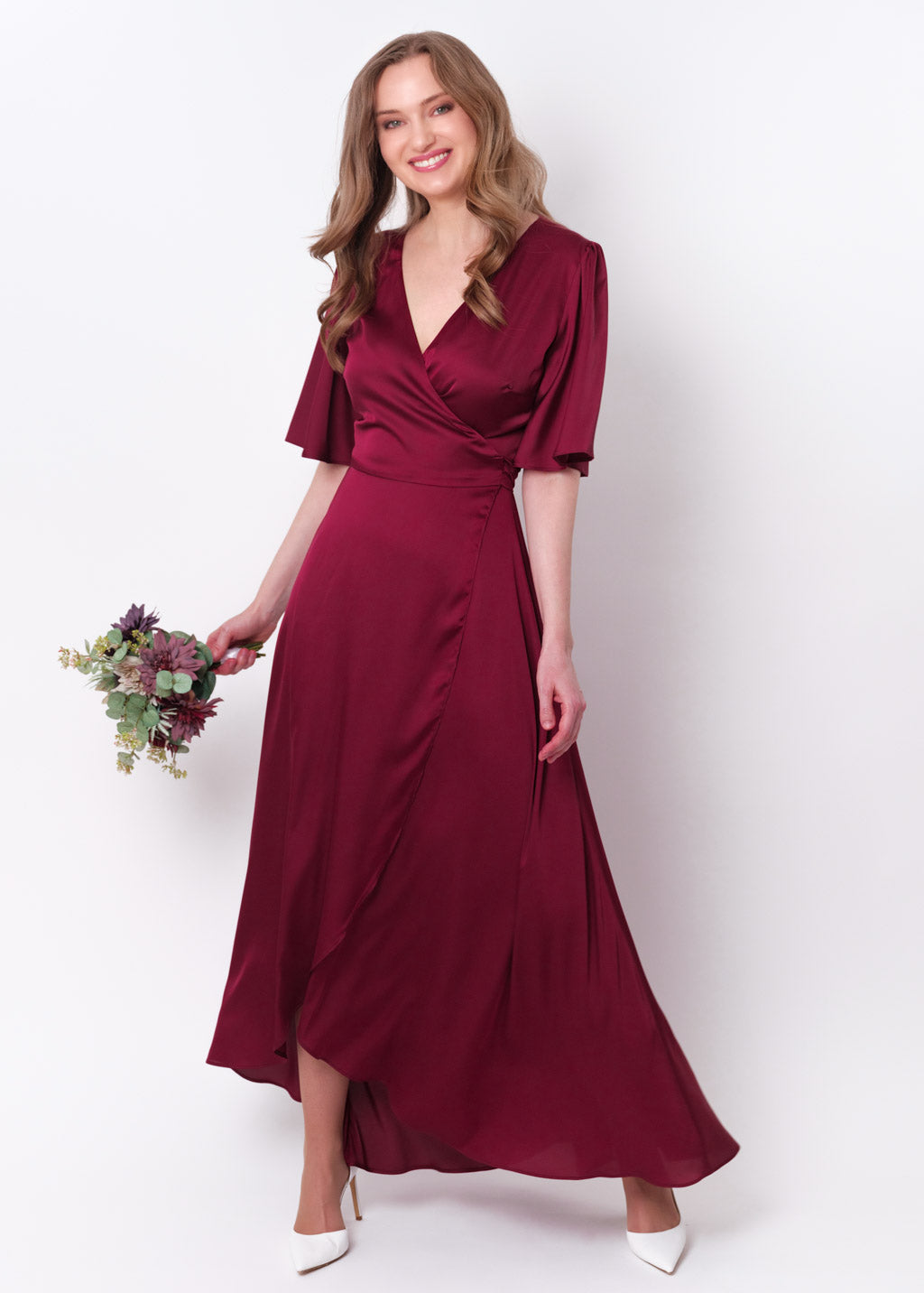 Burgundy silk long wrap dress