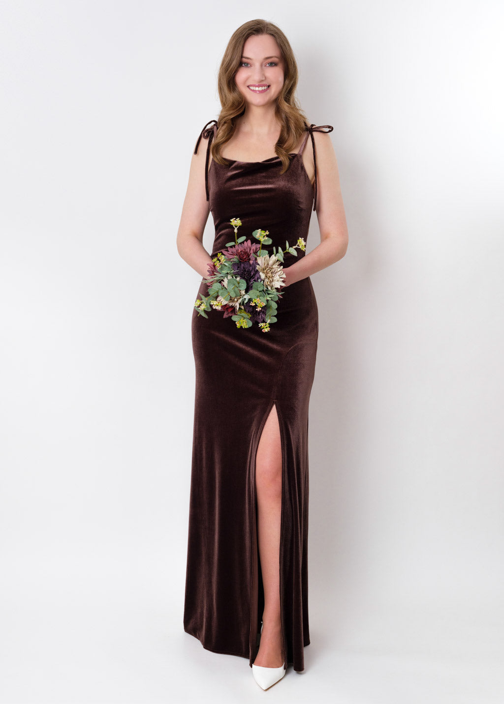 Chocolate brown slip slit velvet bodycon long dress