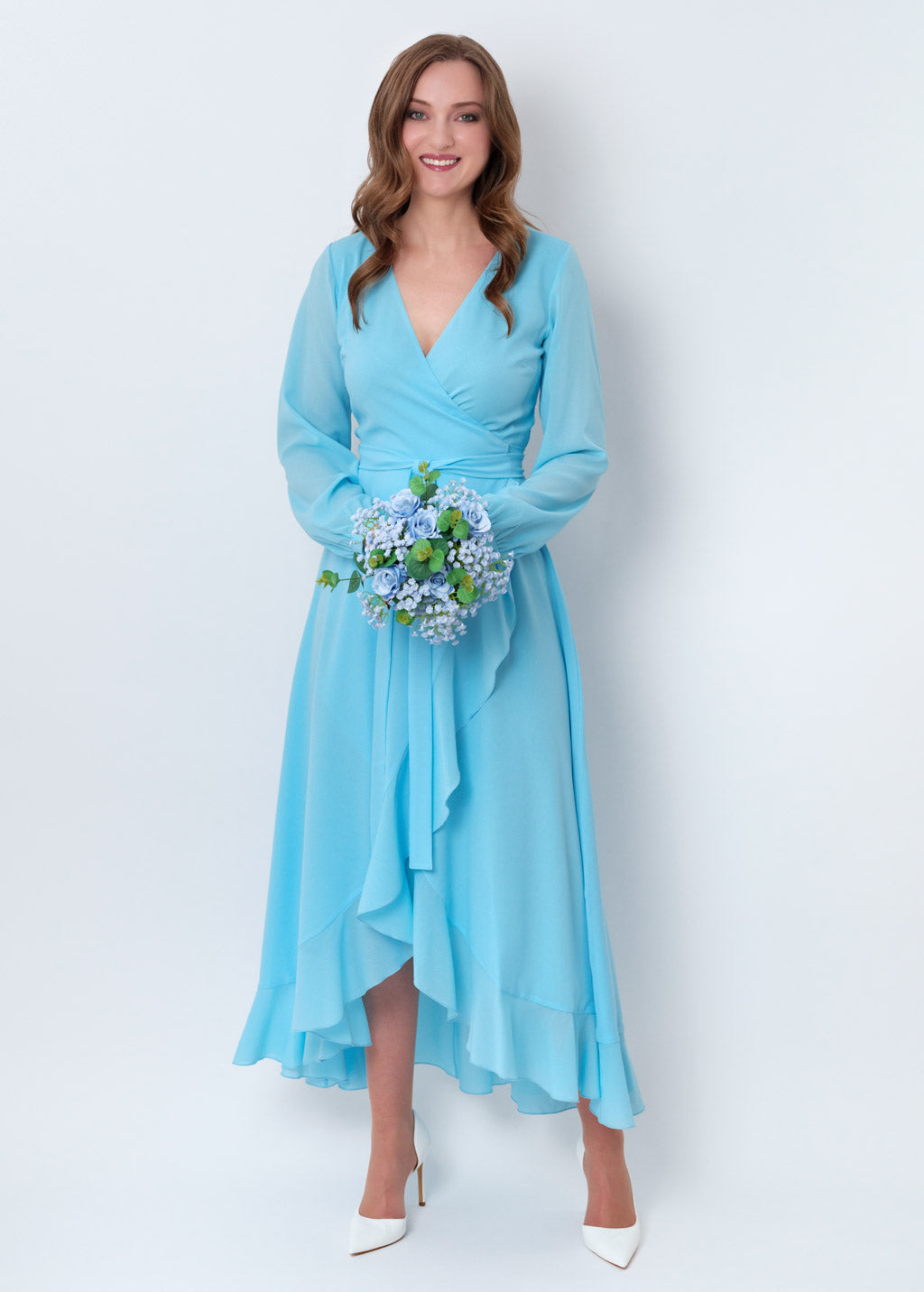 Sky blue chiffon wrap dress