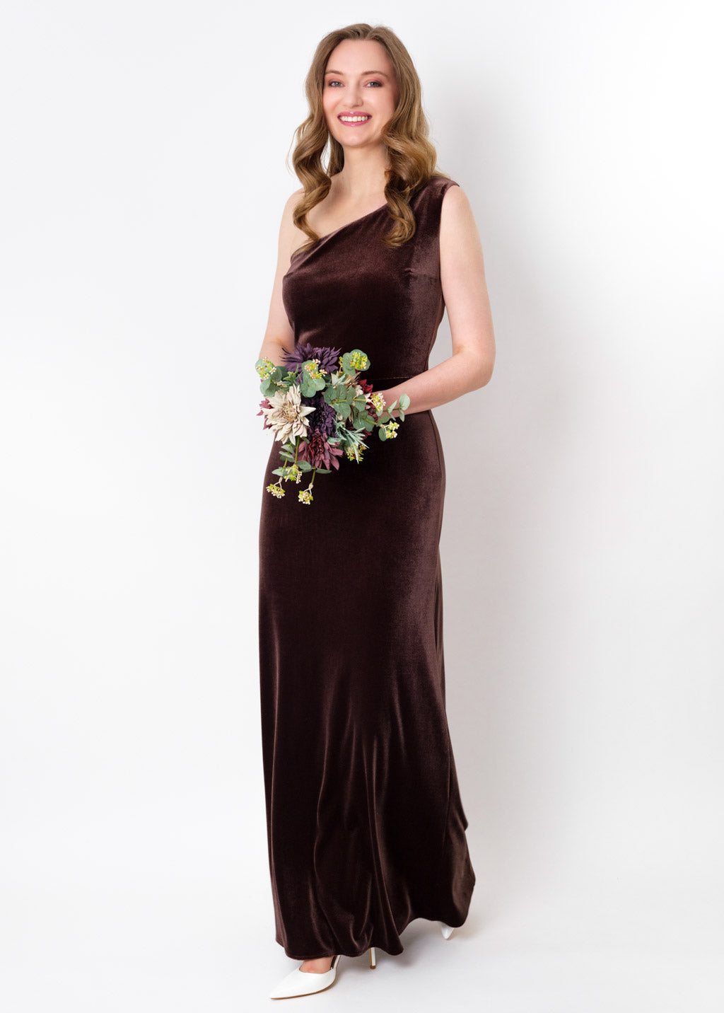 Chocolate brown velvet one shoulder dress