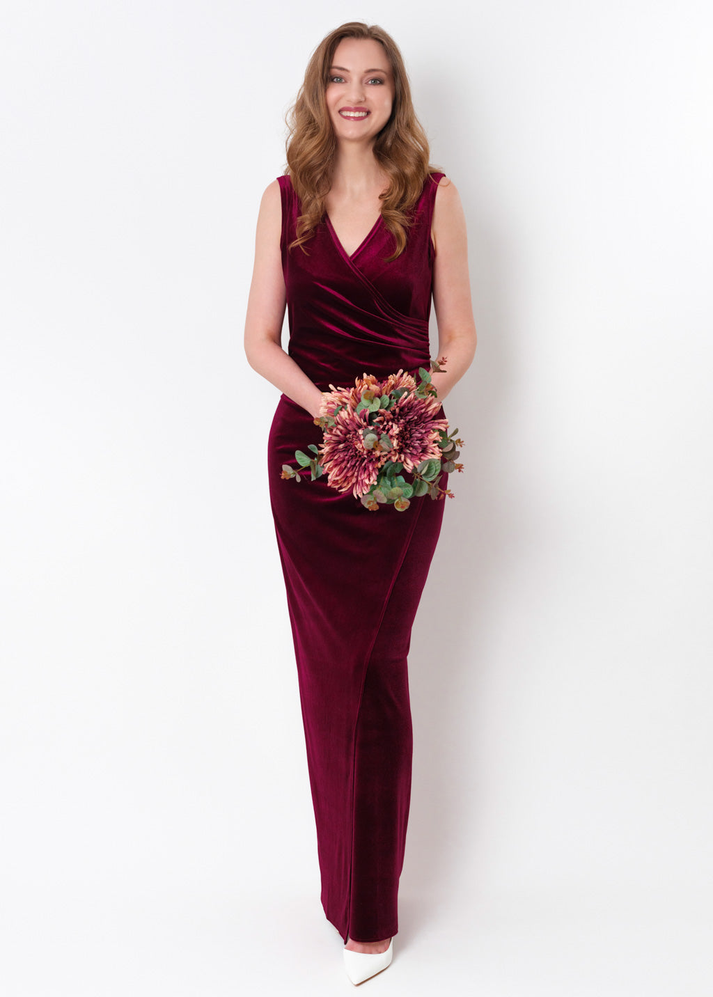 Plum burgundy long wrap bodycon velvet dress