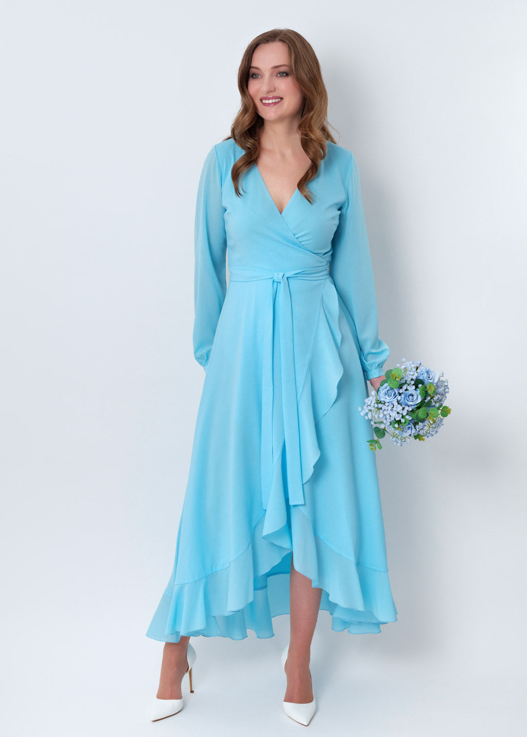 Sky blue chiffon wrap dress