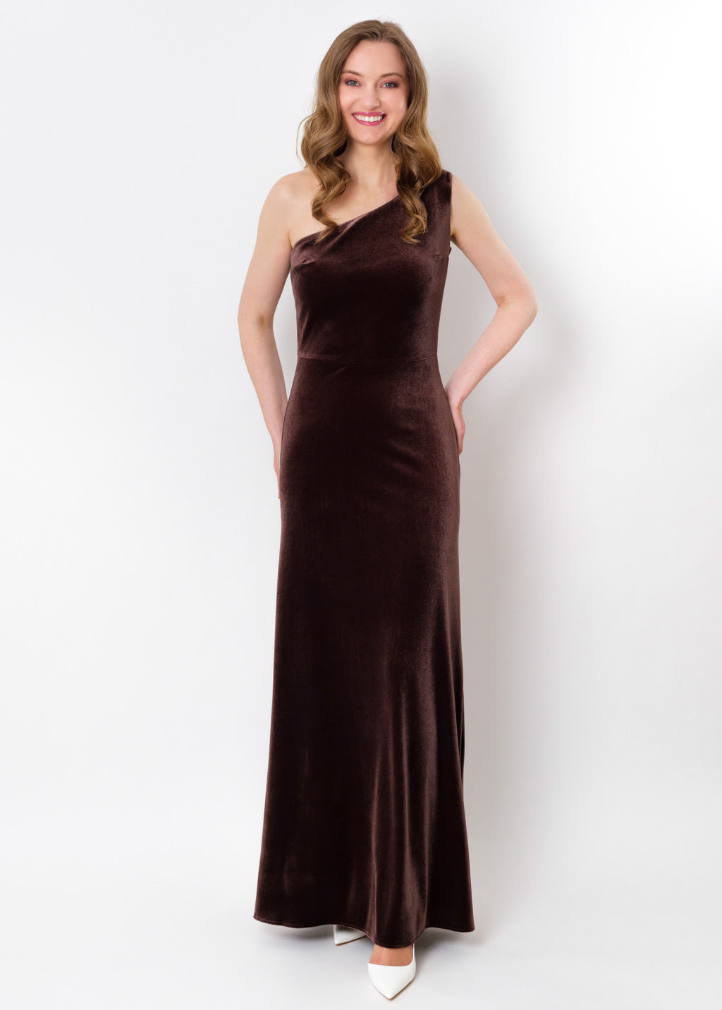 Chocolate brown velvet one shoulder dress