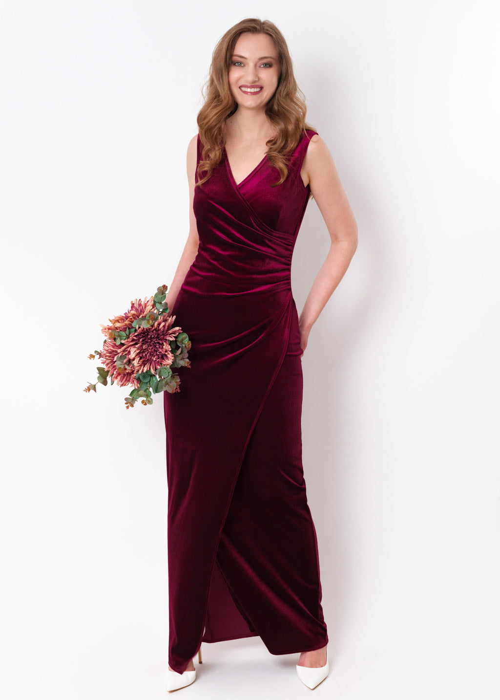 Plum burgundy long wrap bodycon velvet dress