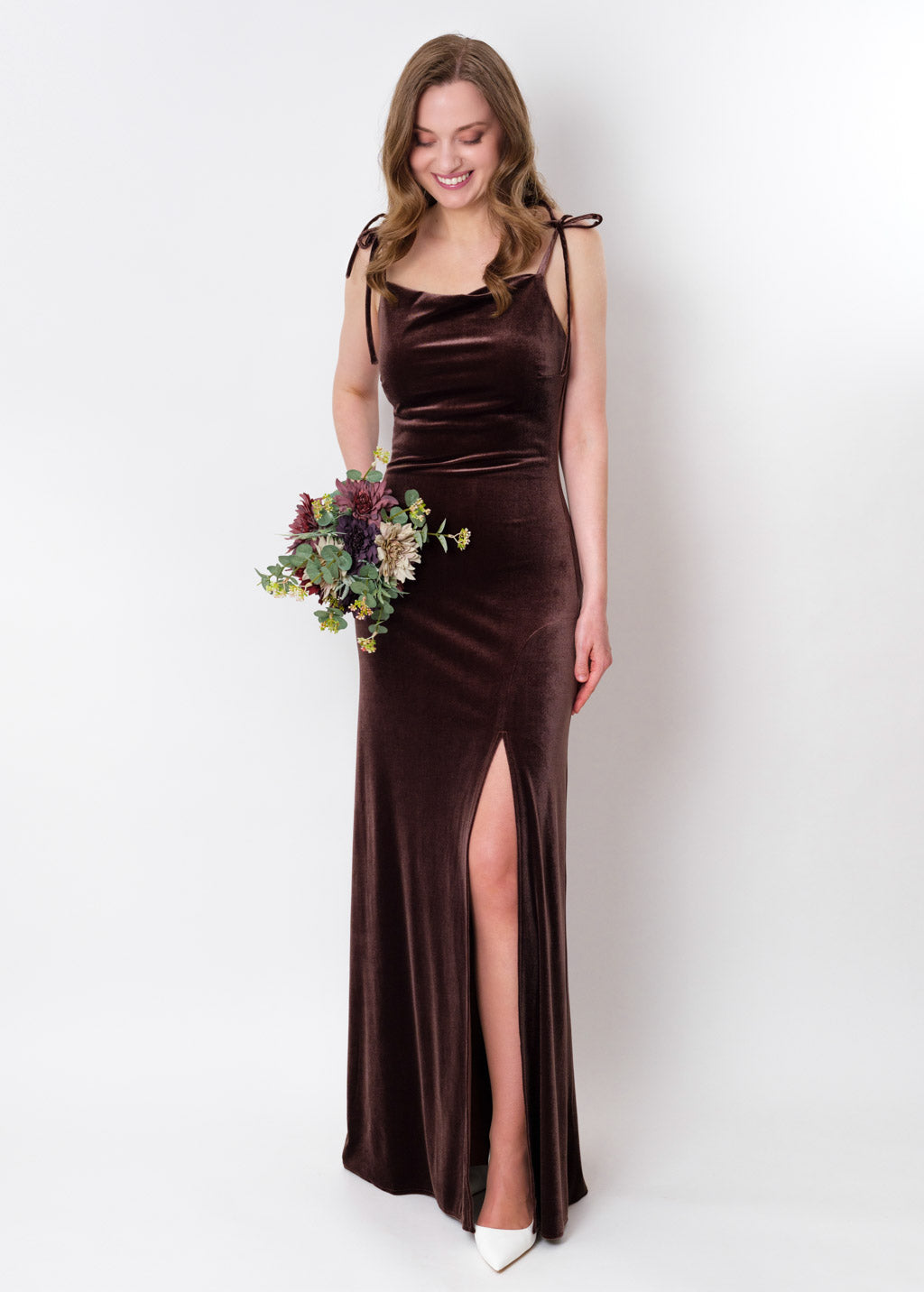 Chocolate brown slip slit velvet bodycon long dress