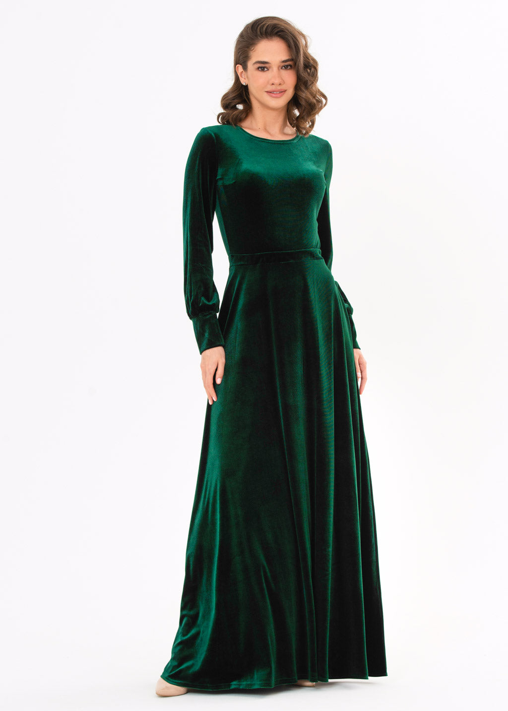 Emerald green velvet long dress