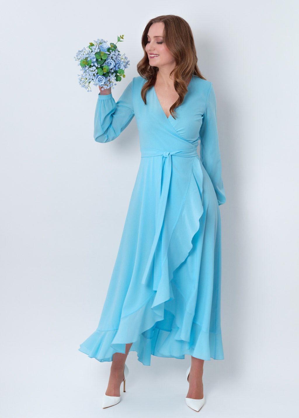 Sky blue chiffon wrap dress
