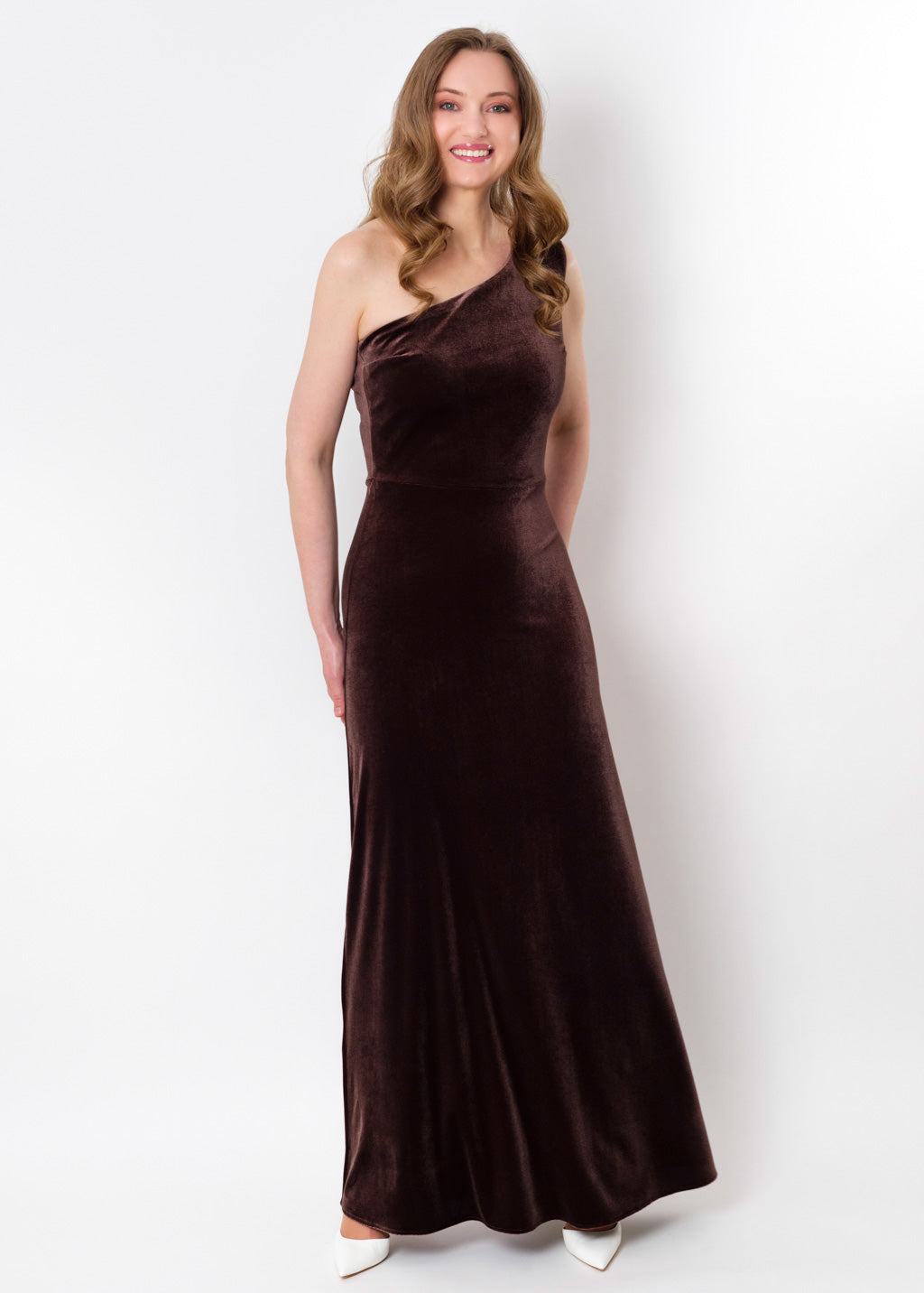 Chocolate brown velvet one shoulder dress