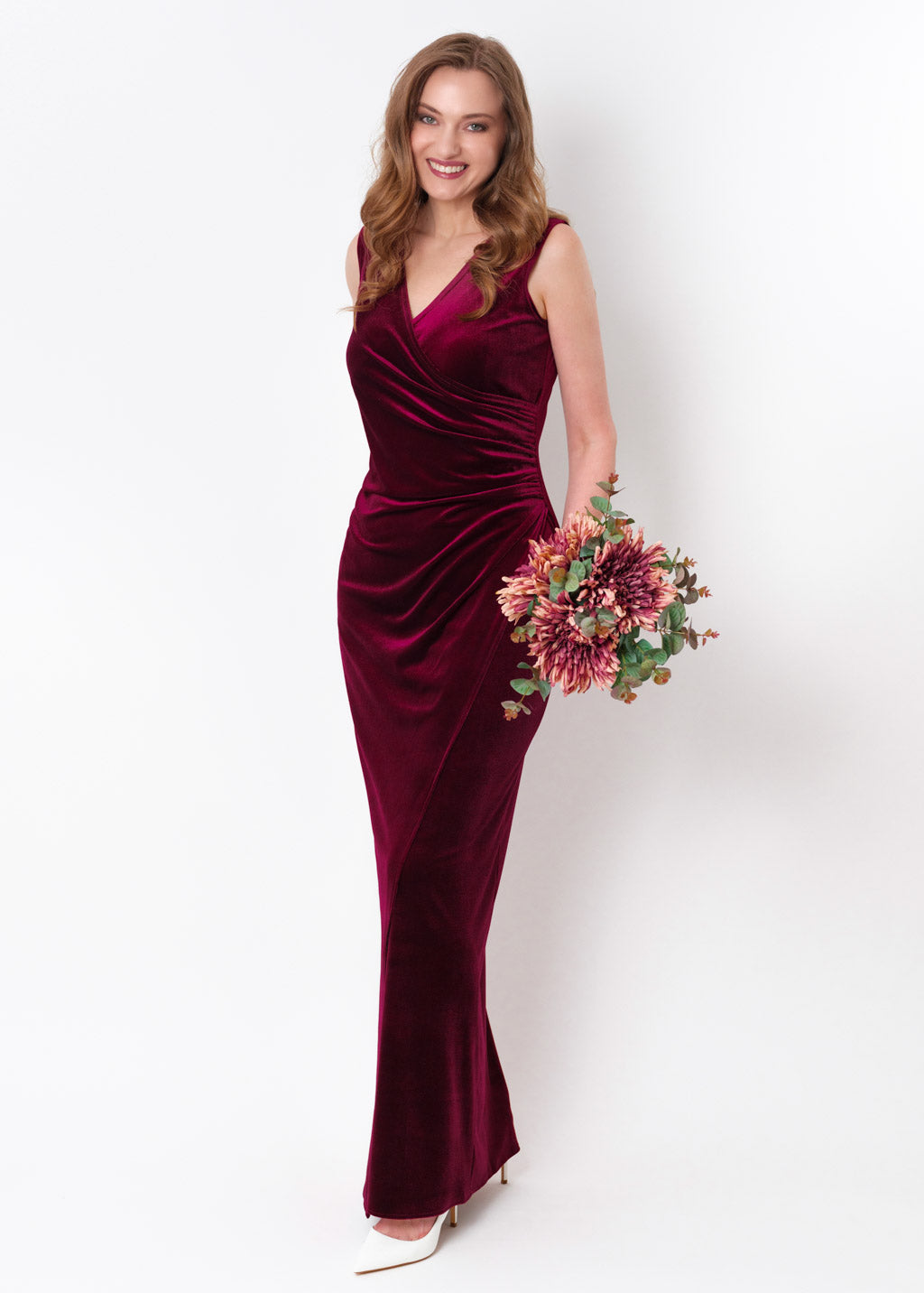 Plum burgundy long wrap bodycon velvet dress
