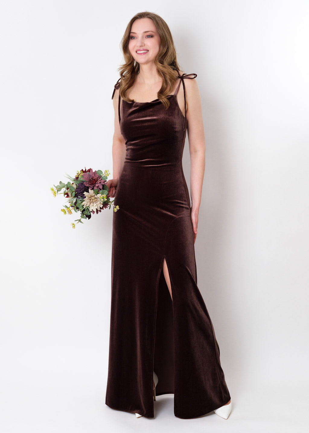 Chocolate brown slip slit velvet bodycon long dress