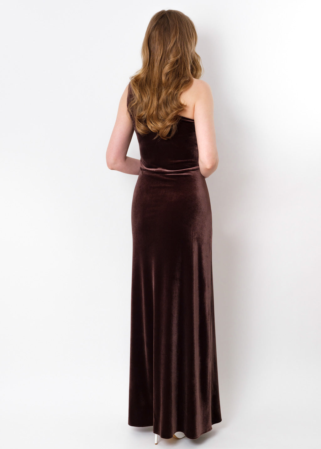 Chocolate brown velvet one shoulder dress