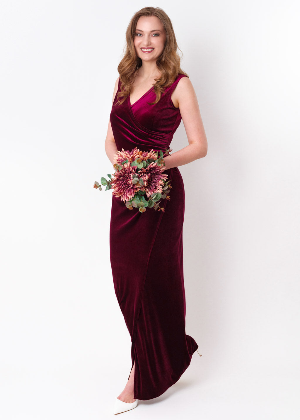 Plum burgundy long wrap bodycon velvet dress
