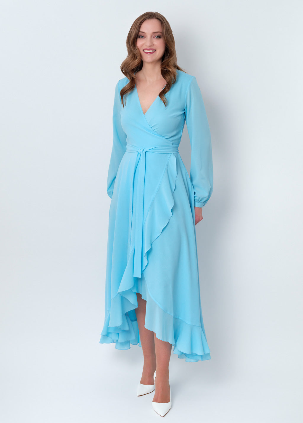 Sky blue chiffon wrap dress