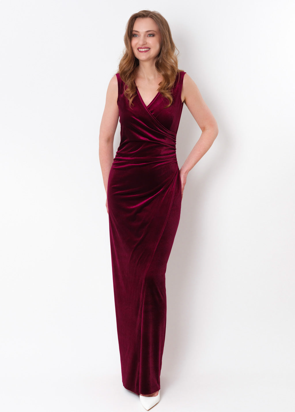 Plum burgundy long wrap bodycon velvet dress