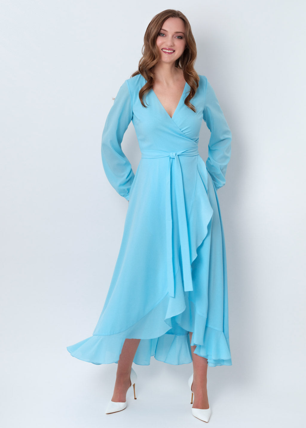 Sky blue chiffon wrap dress
