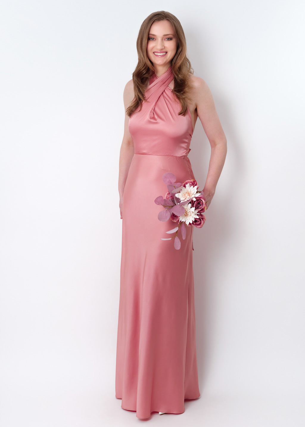 Blush pink silk long halter dress