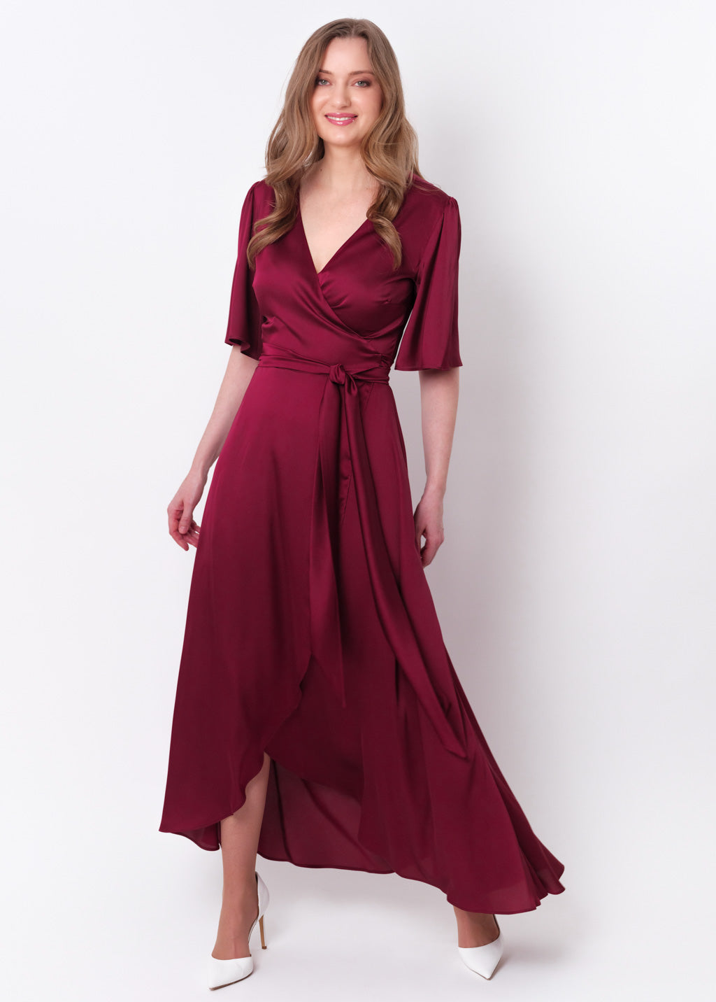 Burgundy silk long wrap dress